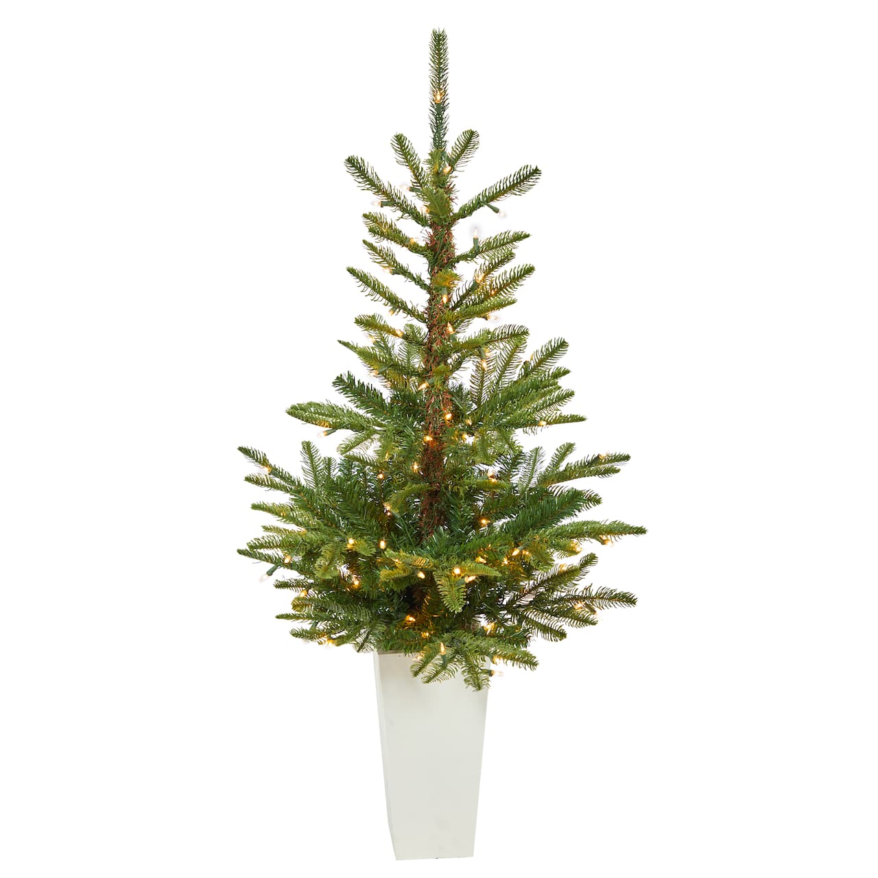 4.5ft. Pre-Lit Layered Washington Spruce Artificial Christmas Tree In White Planter, Clear LED Lights